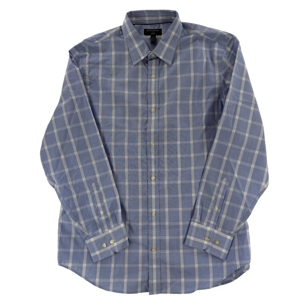 Banana Republic Shirt Mens XL Blue‎ White Plaid Non Iron Classic Fit Button Down